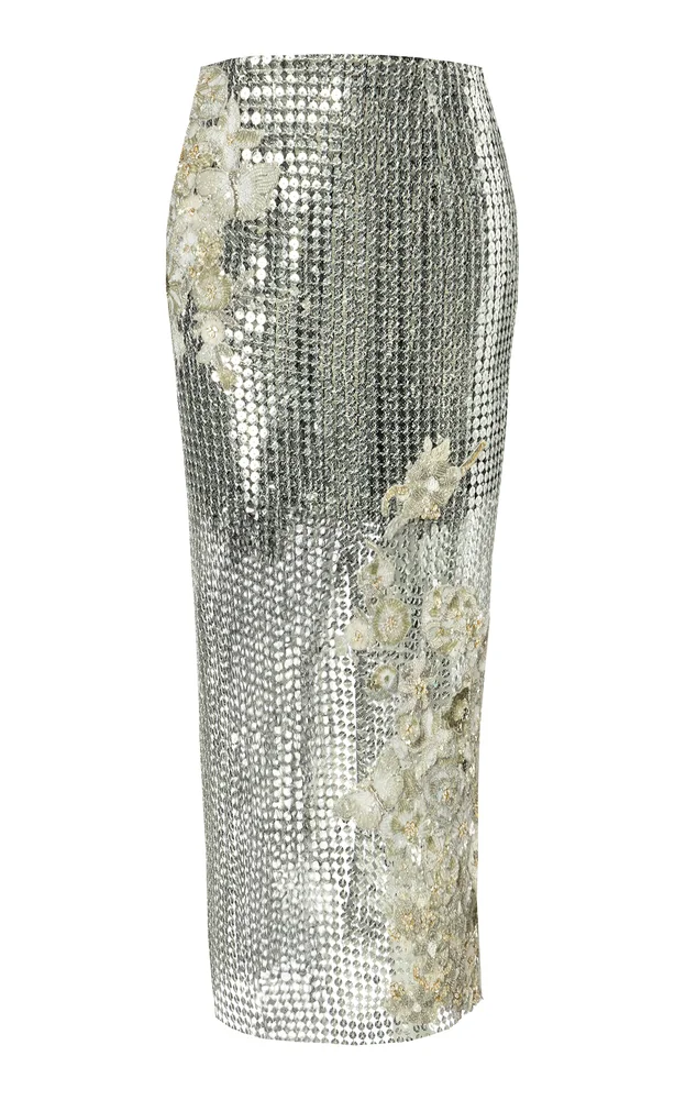 Silver Ice Weave Sequined Midi Skirt
