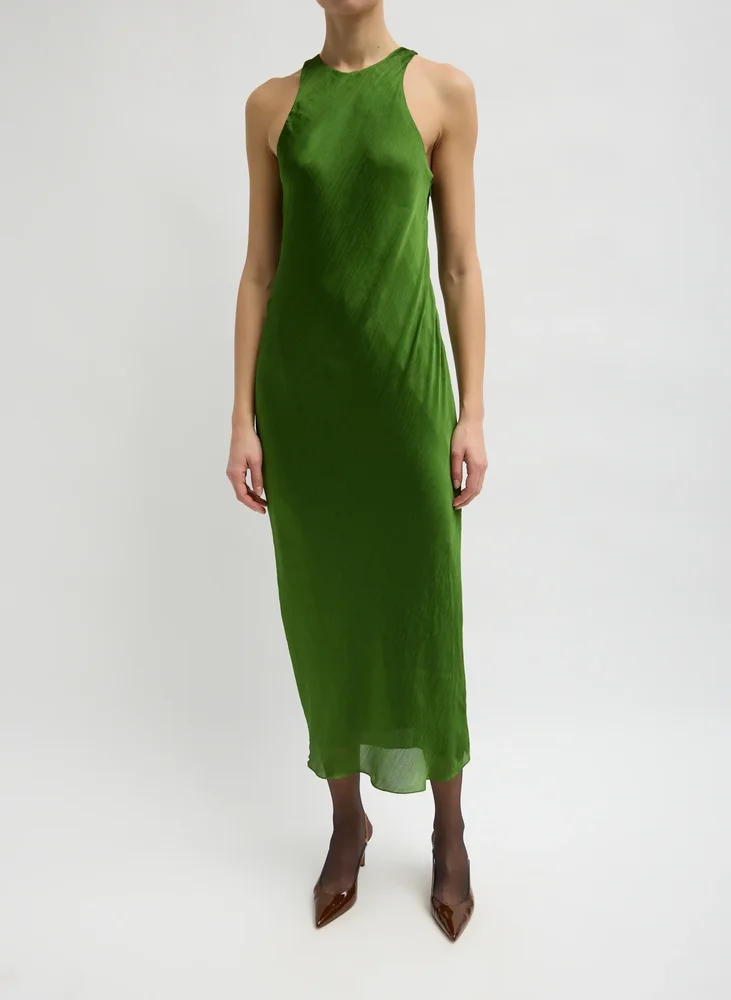 Matte Satin Plisse Midi Bias Dress