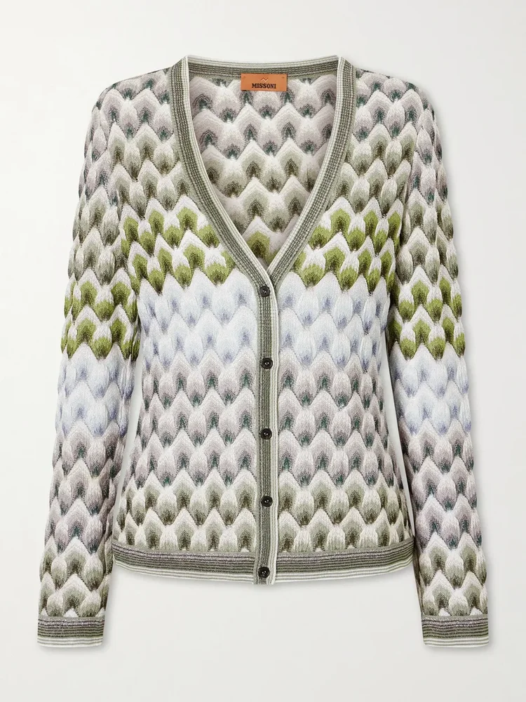 Striped metallic crochet-knit cardigan