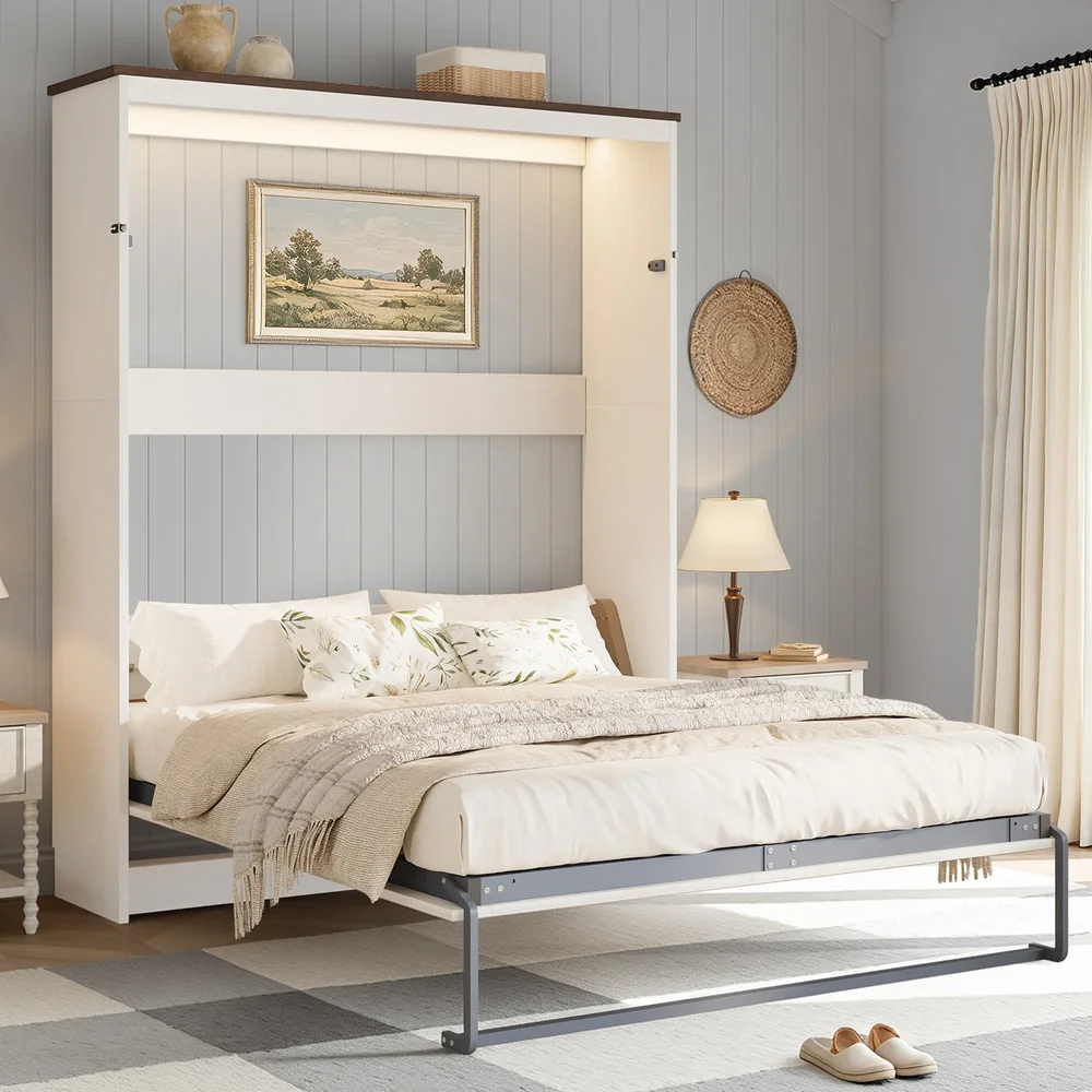 Farmhouse Queen Murphy Bed with LED Lights and Charging Station