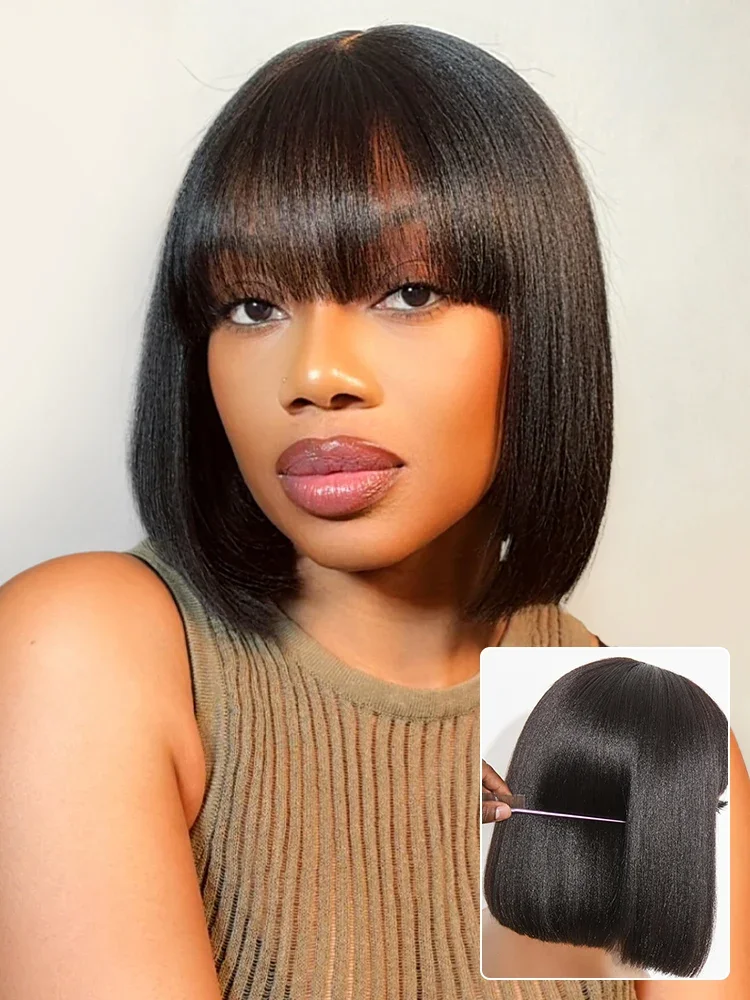 Put On and Go Realistic Glueless Yaki Straight Bob with Bangs Minimalist Lace Wig 100% Human Hair