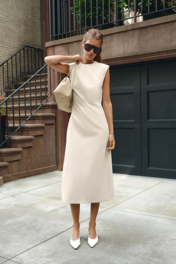 Midi faux leather dress with shoulder pads, Ecru parsed