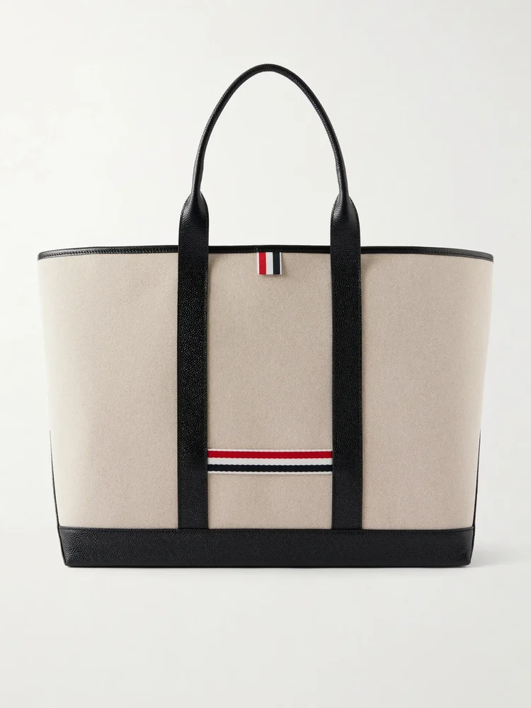 Tool leather and grosgrain-trimmed canvas tote