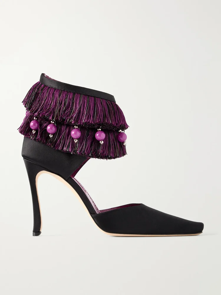 Sorolla 105 fringed bead-embellished satin pumps