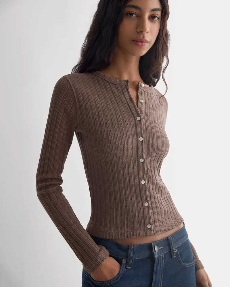 Pointelle Rib Cardigan | Deep Taupe
