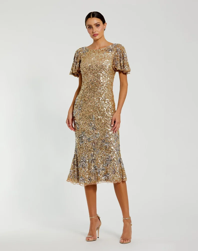 Gold Flutter Sleeve Floral Embellished Sequin Midi Dress