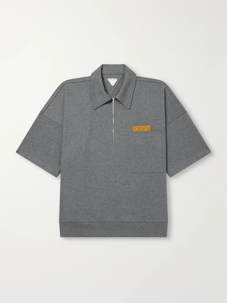 Intrecciato Leather-Trimmed Cotton-Jersey Polo Shirt