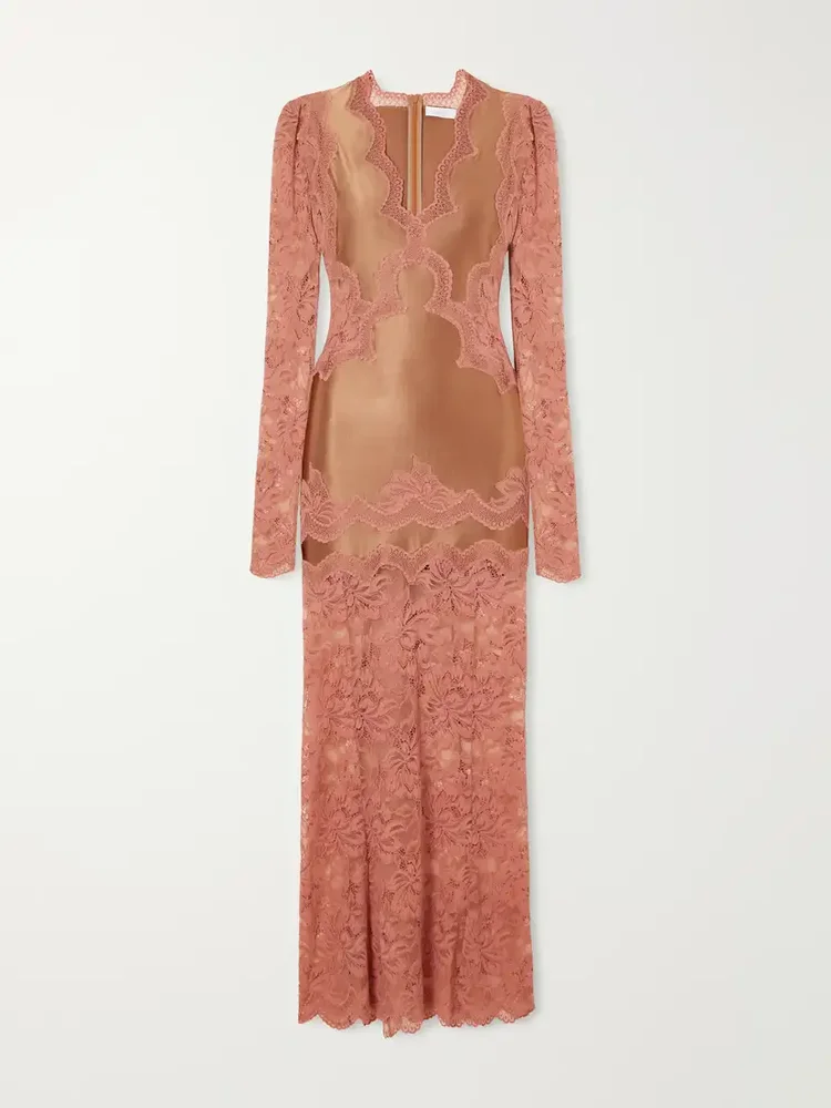 Lace-trimmed stretch-satin maxi dress