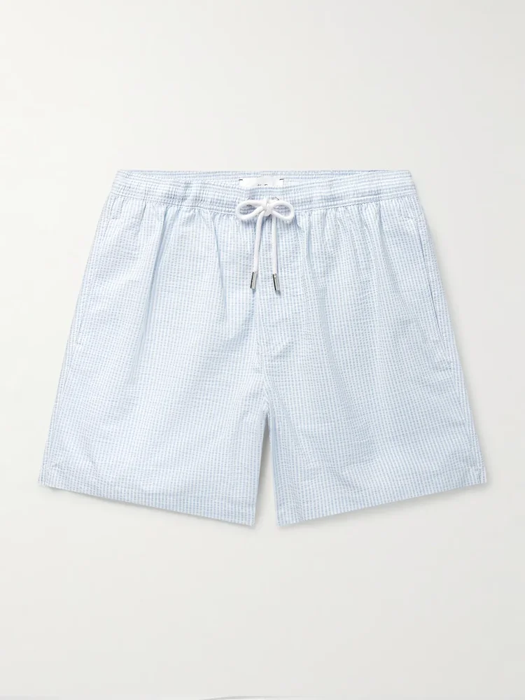 Straight-Leg Mid-Length Striped Seersucker Swim Shorts