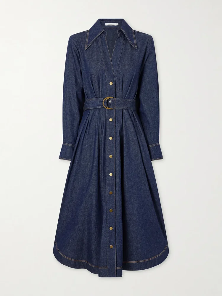 belted denim midi shirt dress