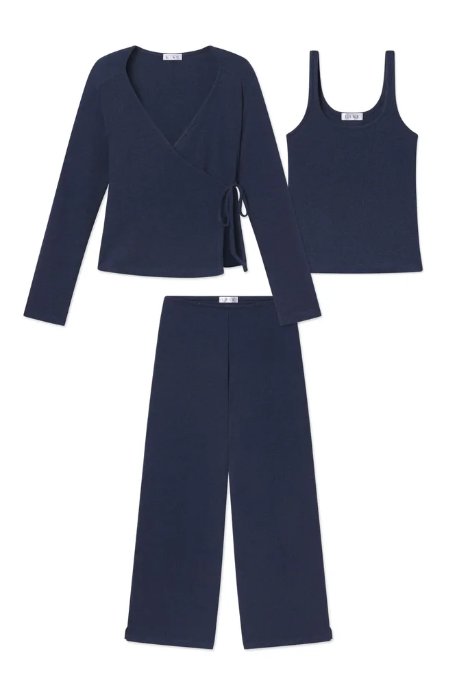 Lakepajamas Pima Rib Wrap Three-Piece Pants Set in Navy Heather XS