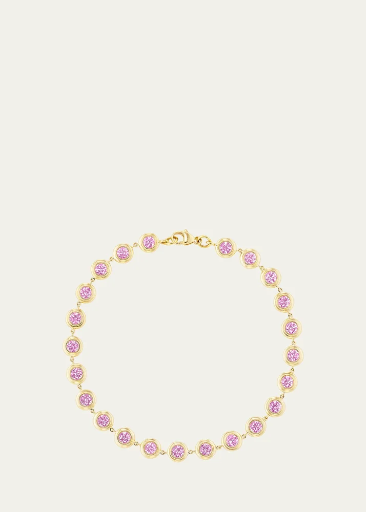 18K Yellow Gold Pink Sapphire Tennis Double Bubble Bezel Bracelet, 2mm