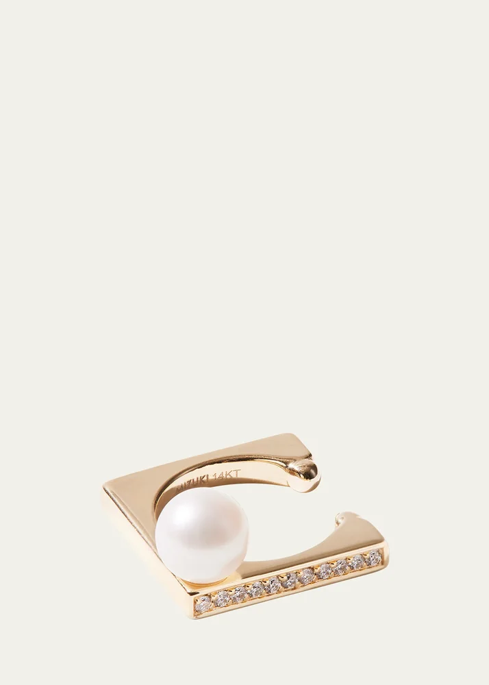 14K Yellow Gold 1 Row Diamond Cube Ear Cuff with Pearl, Single