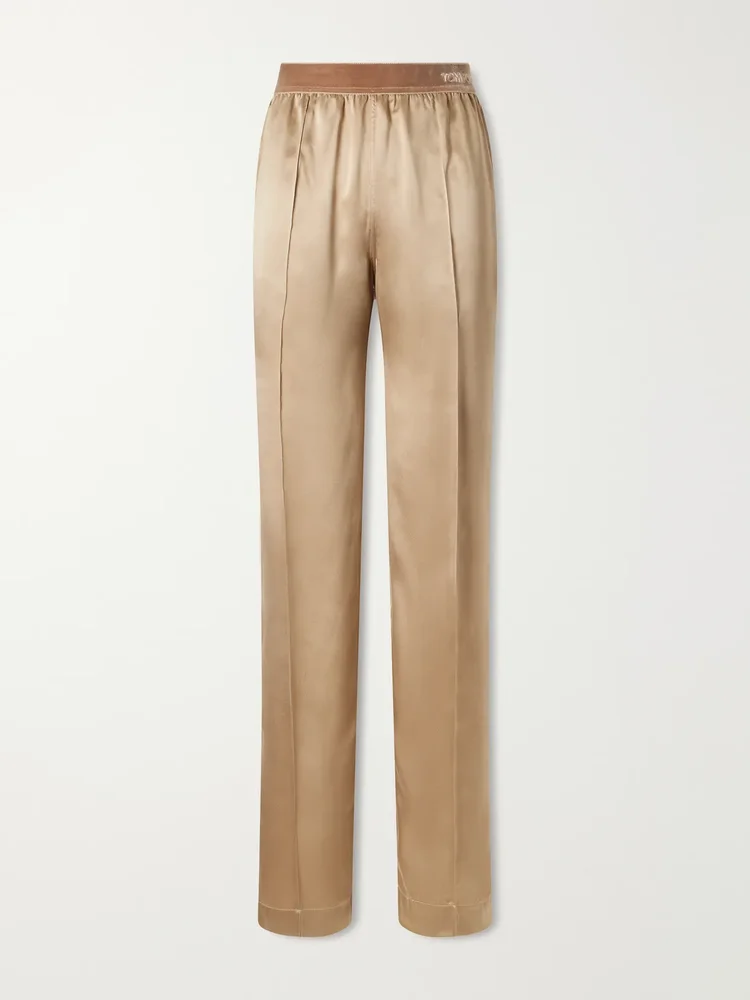 Logo-embroidered velvet-trimmed silk-satin straight-leg pants
