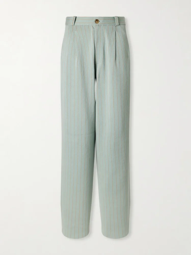 carpenter pinstriped cotton and silk blend knit straight leg pants