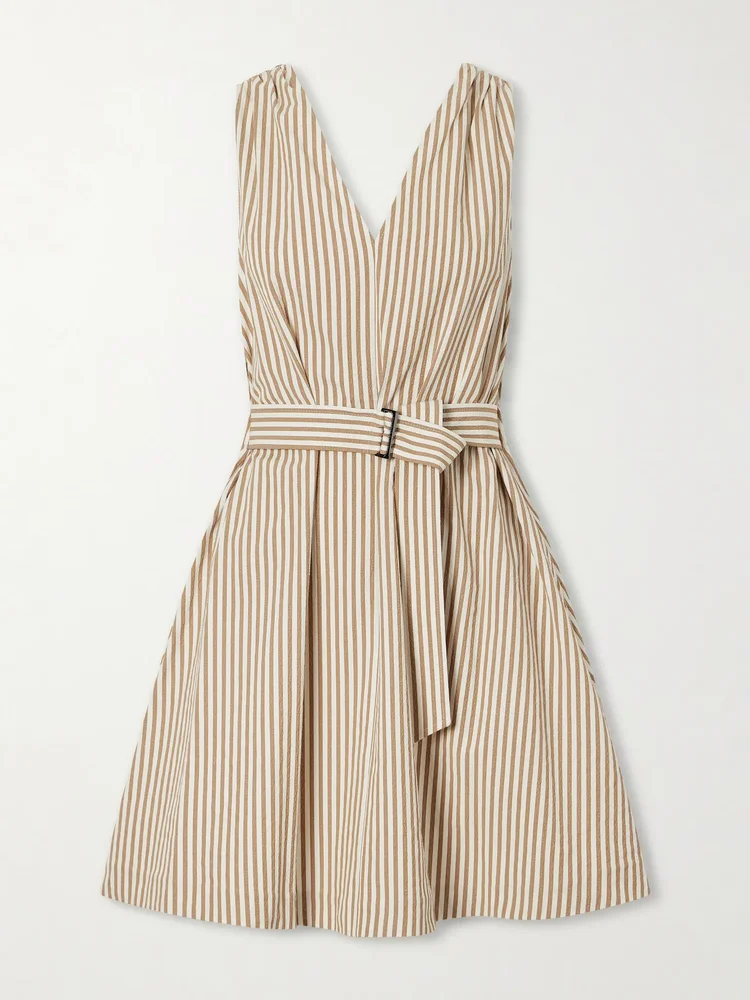 Belted seersucker cotton-blend mini dress