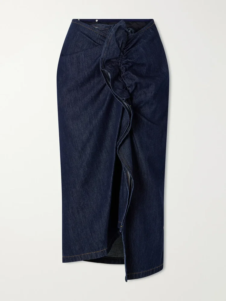 ruffle detailed draped denim midi skirt