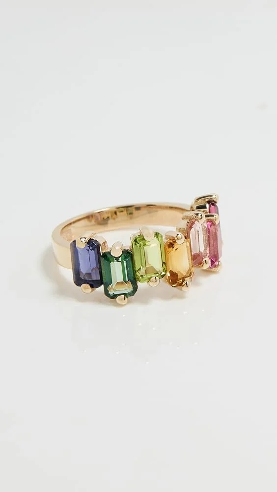 14k Ann Emerald Cut Rainbow Half Band Ring