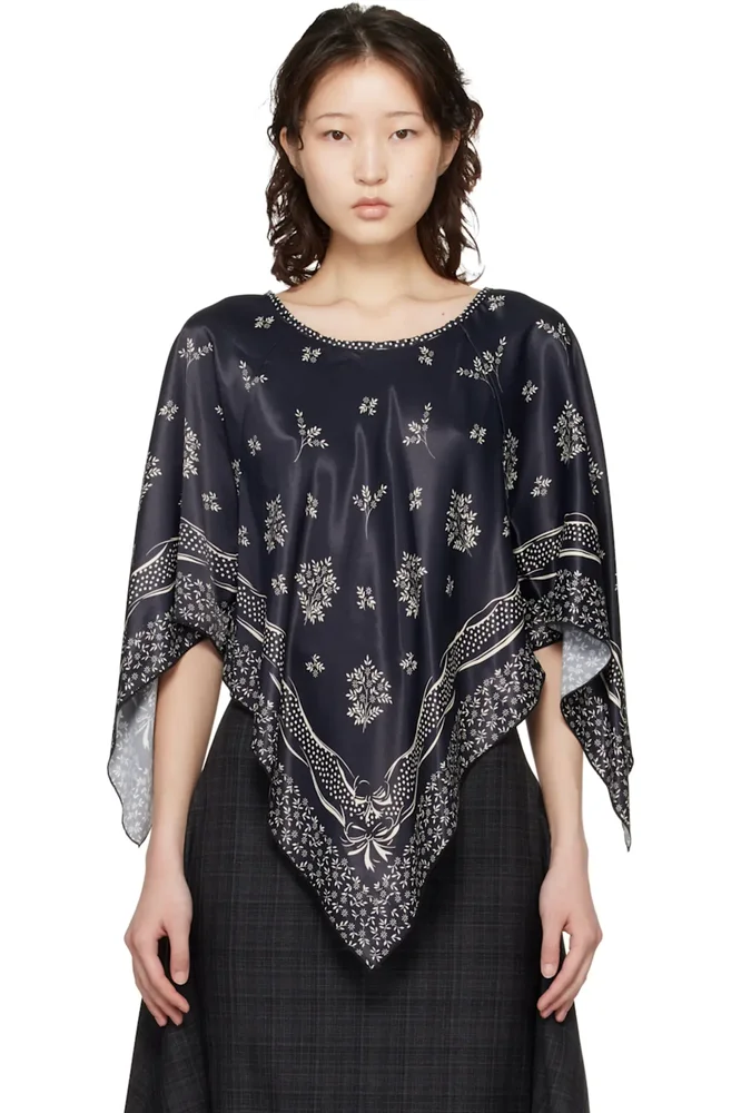 Black Ribbon Handkerchief Satin Print Poncho Blouse