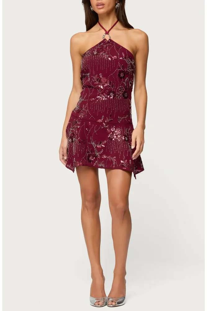 Adria Beaded Sequin Halter Minidress