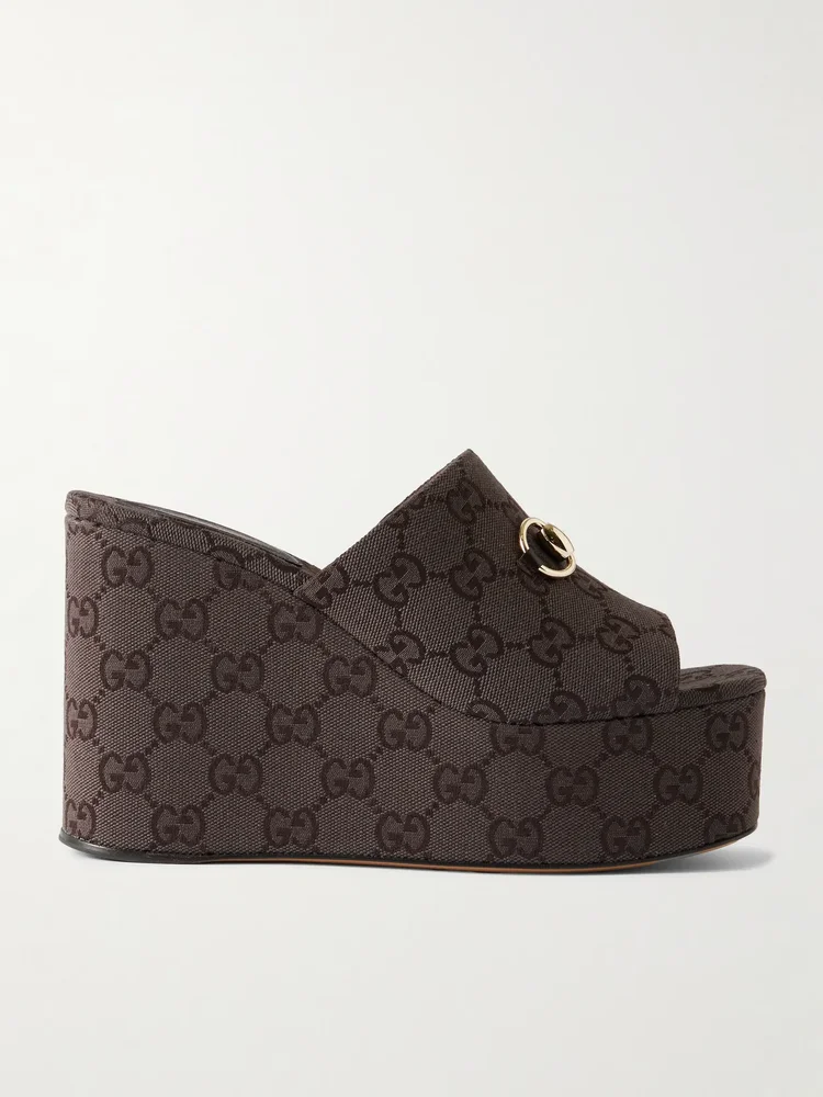 Horsebit-embellished canvas-jacquard platform mules