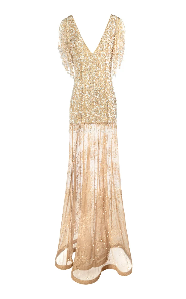 Lacey Nude Glow Embellished Mesh Gown