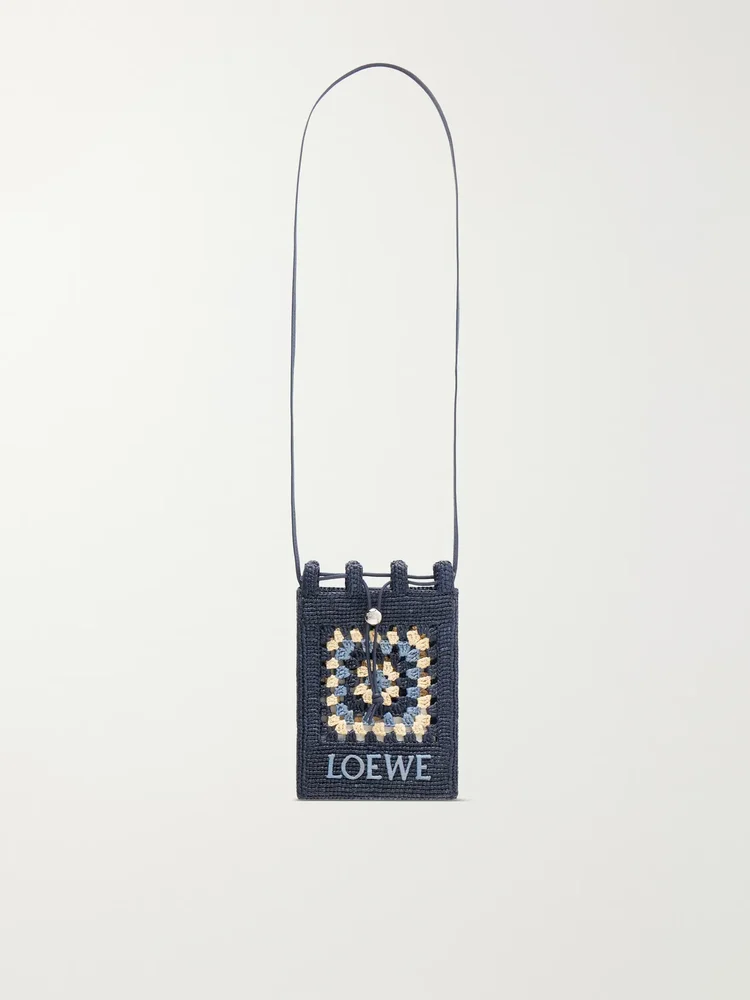 Paula's Ibiza logo-embroidered leather-trimmed crocheted raffia bucket bag