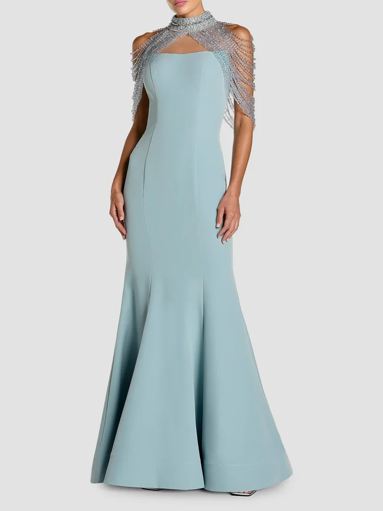 Beaded Capelet Crepe Mermaid Gown