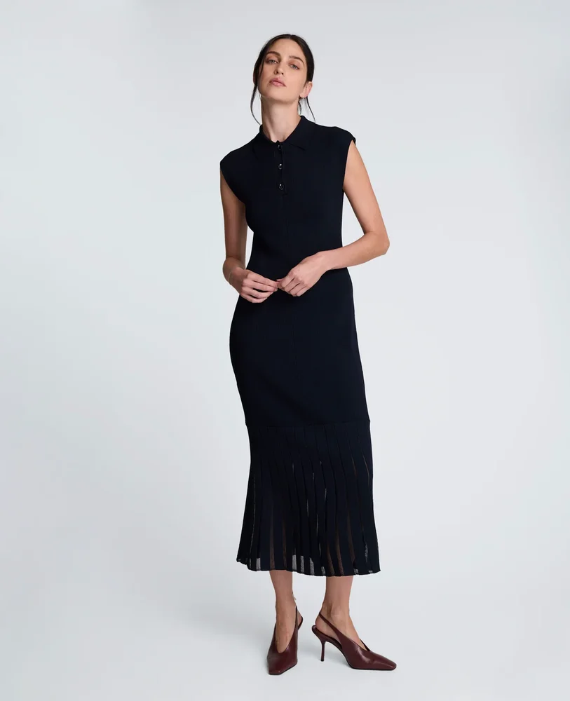 Polo Neck Sweater Dress with Sheer Hem Inserts