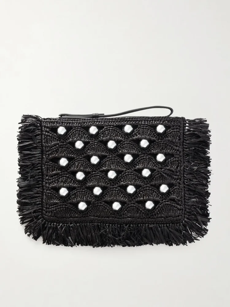 Fringed studded raffia clutch