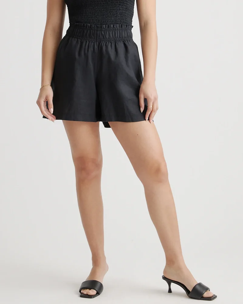 100% European Linen High Waisted Short in Black