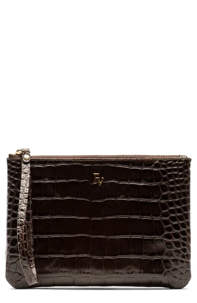 Croc Embossed Leather Wristlet