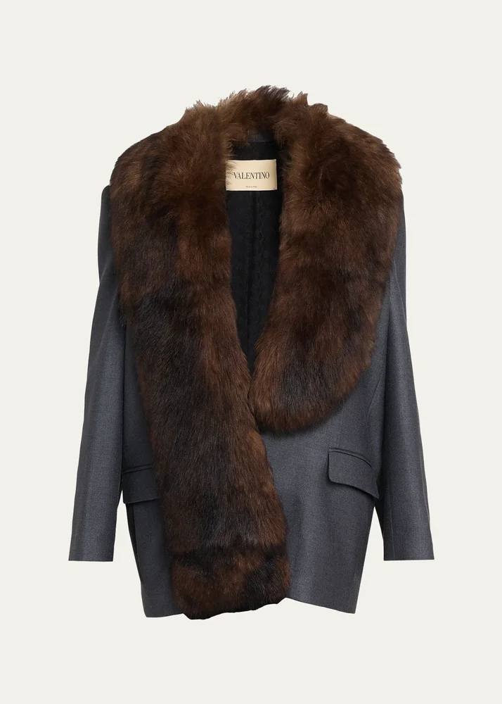 Lamb Shearling Lapel Oversized Wool Jacket