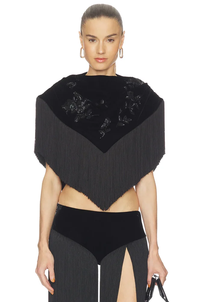 Beaded Velvet Fringe Trimmed Cape