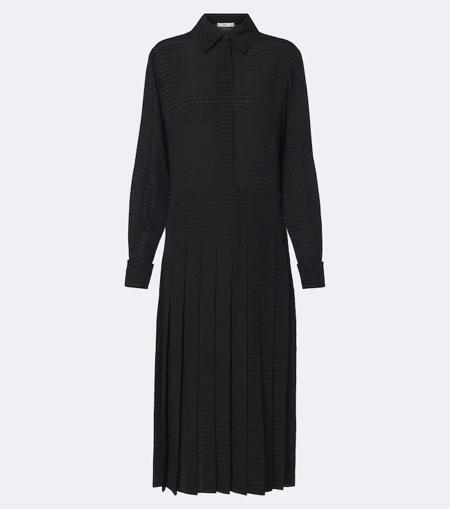 Chevron jacquard pleated silk midi dress