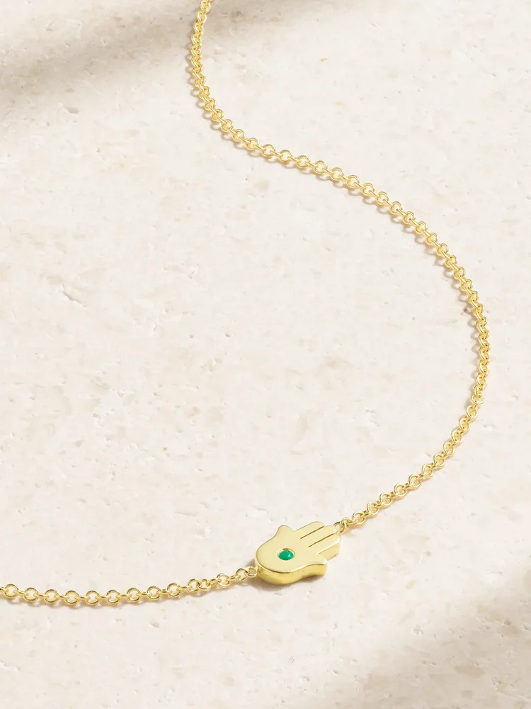 Mini Hamsa 18-karat gold emerald necklace