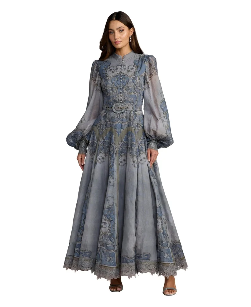 Women's Baroque Print Bishop Sleeve A-Line Ankle Dress