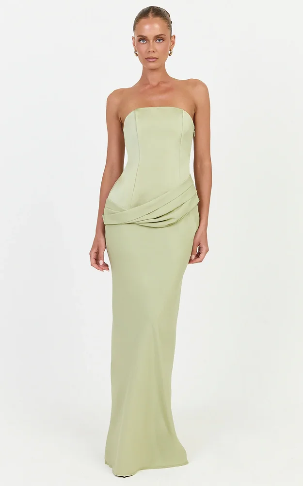 Tess Maxi Dress, Drop Waist Strapless Dress With Satin Bodice And Draped Skirt in Green