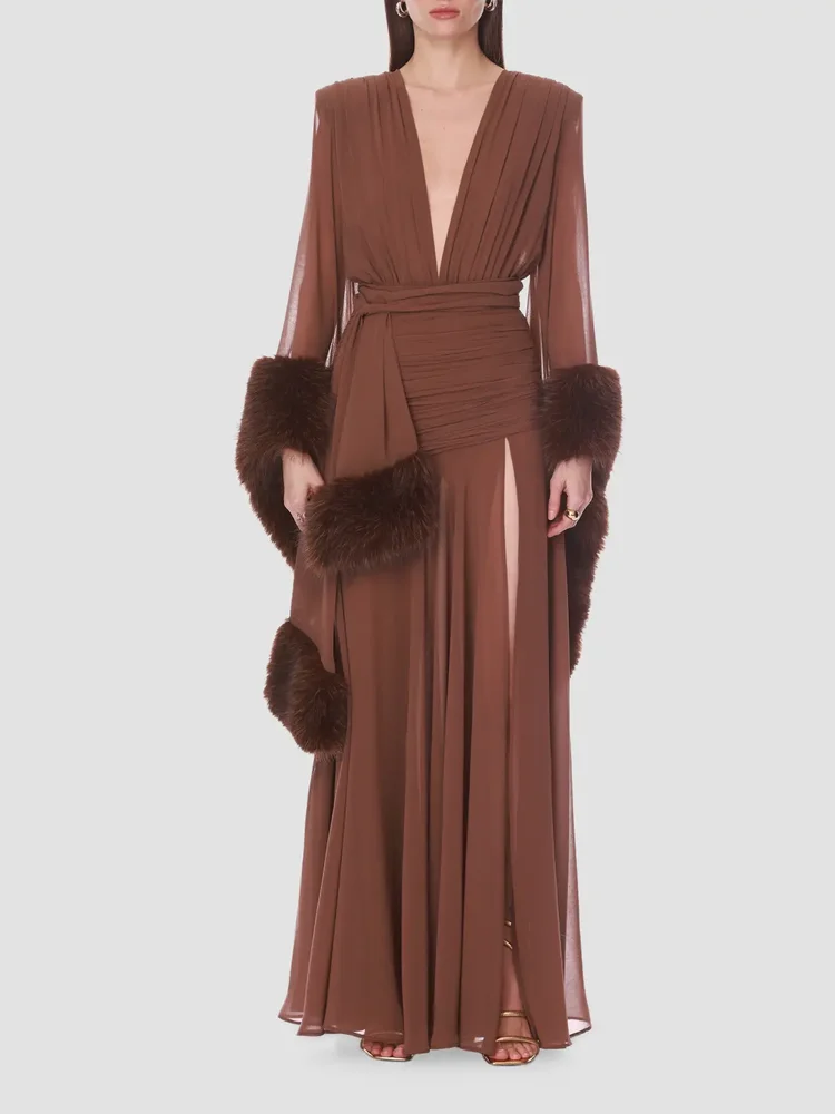 Silk & Faux-Fur Self-Belt Gown