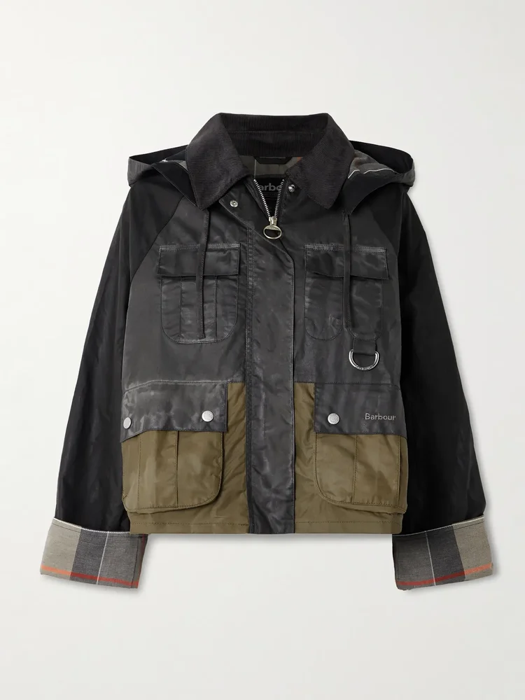 Liza hooded paneled waxed-cotton jacket