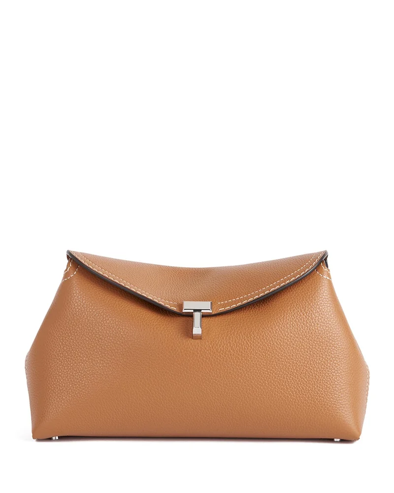 T-Lock Grained-Leather Convertible Clutch in Tan
