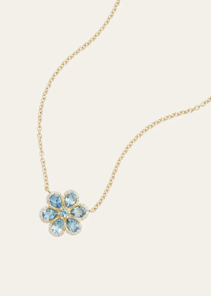 18K Yellow Gold Floral Necklace with Aquamarine and Diamonds