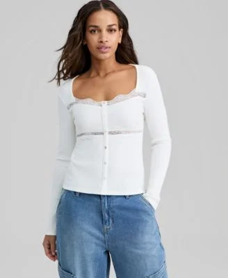 Women's Lace-Trim Ribbed-Knit Top
