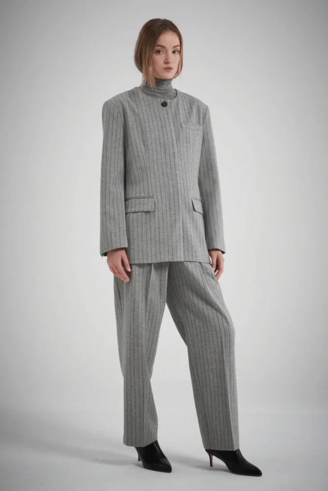 Gal Wool Collarless Jacket Grey Pinstripe
