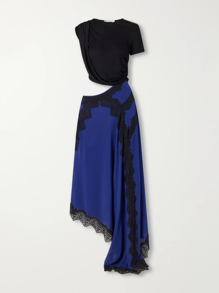 Verve asymmetric lace-trimmed silk-georgette and ribbed jersey dress