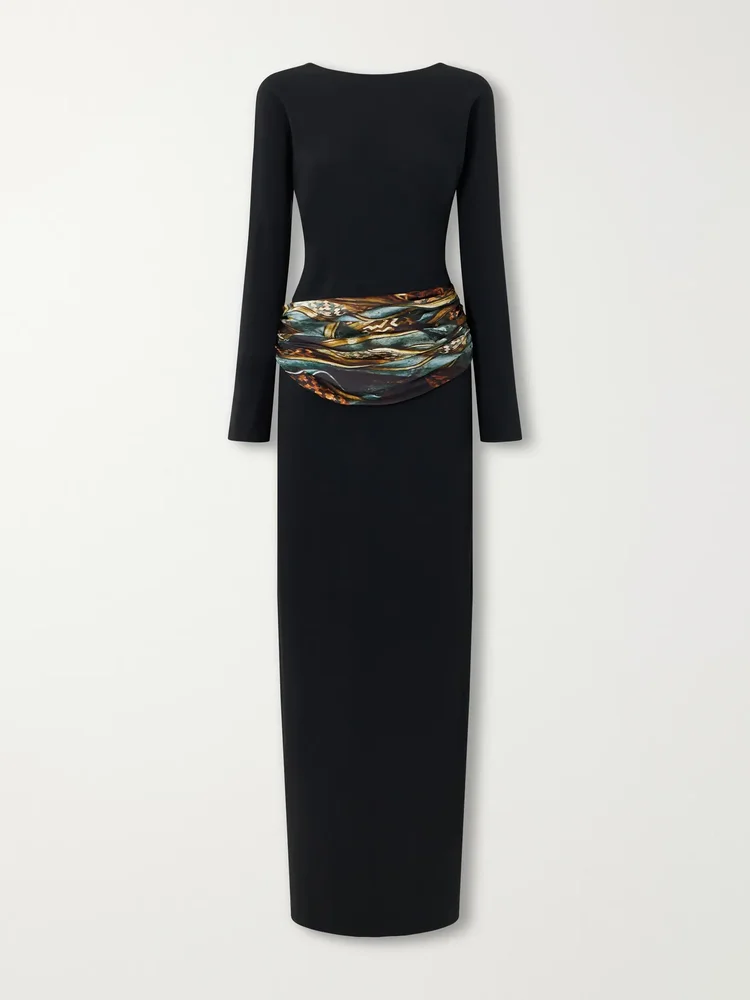 Belted crepe-satin maxi dress