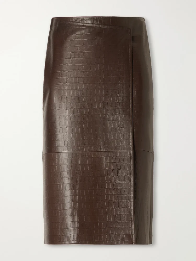 Origami croc-effect leather midi wrap skirt