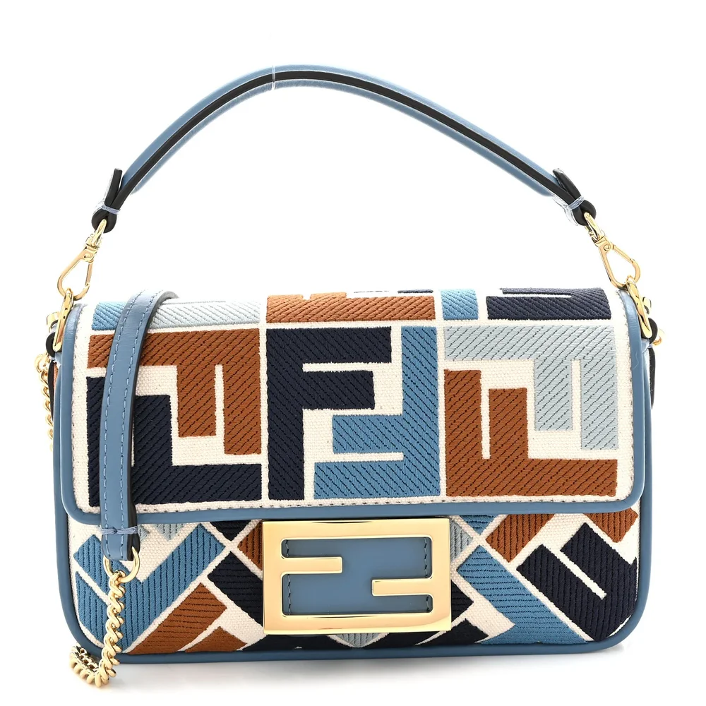 Pre-Owned Canvas Vitello King Seta FF Embroidered Mini Baguette Blue Multicolor