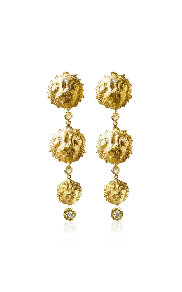 18k Yellow Gold Three Lion Diamond Drop Earrings