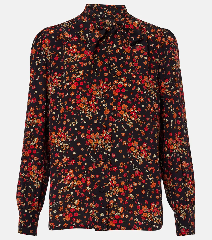 Bow-detail floral silk blouse